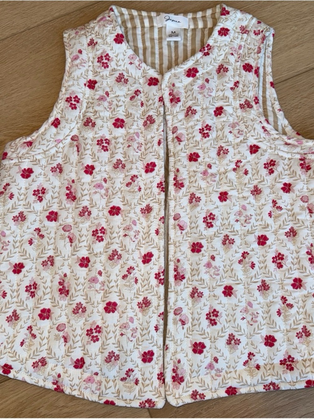 Japna Cream Quilted Floral Vest with Pink and Red Blooms